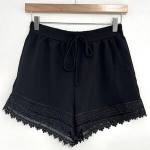 Runway Story Lace Trim Black Shorts Decorative Hem Pull On High Waist Shorts